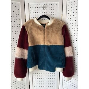 Shaci Faux Fur Plush Zip Colorblock Jacket Coat Women's Small Lined